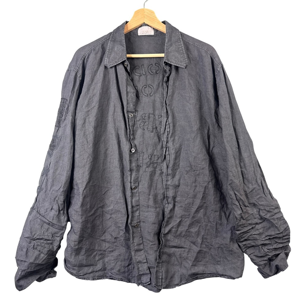 Iceberg Mens Linen Button Up Shirt Charcoal Gray Embroidered Logo Size XL